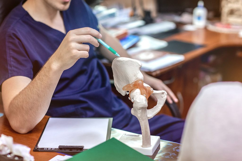 A doctor using an artificial hip joint model to educate a patient.